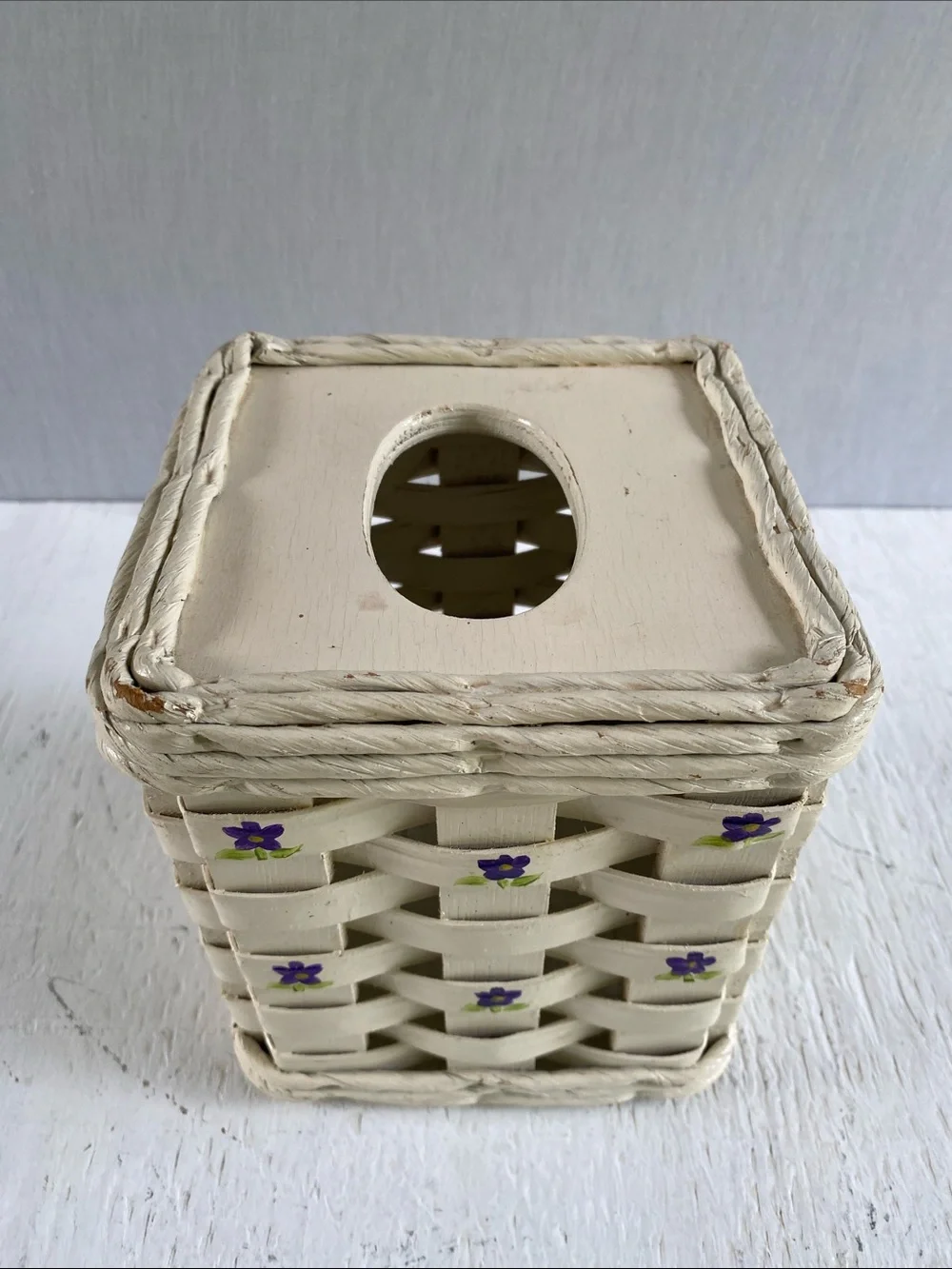 Vintage Cream Woven Tissue Box Cover with Purple Floral Accents